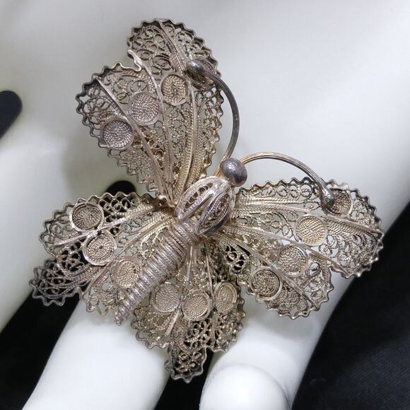 Antique Cannetille Butterfly Brooch, Vermeil 800 Silver - Picture 2 of 10